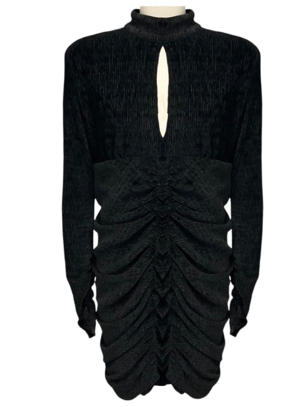REBECCA VALLANCE BLACK SENNA RUCHED RIBBED VELVET MINI DRESS